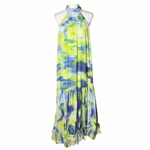 ONE33 Social Green Blue Watercolor Abstract Halter Neck Tie Dye Dress Gown 10